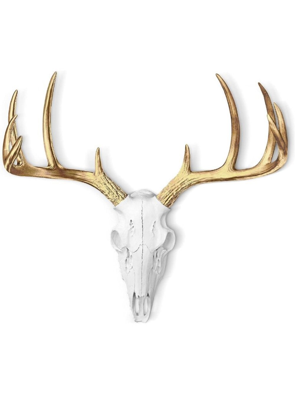 Faux Deer Skull Wall Decor, 16" White & Gold Antlers, Rustic Home Accent